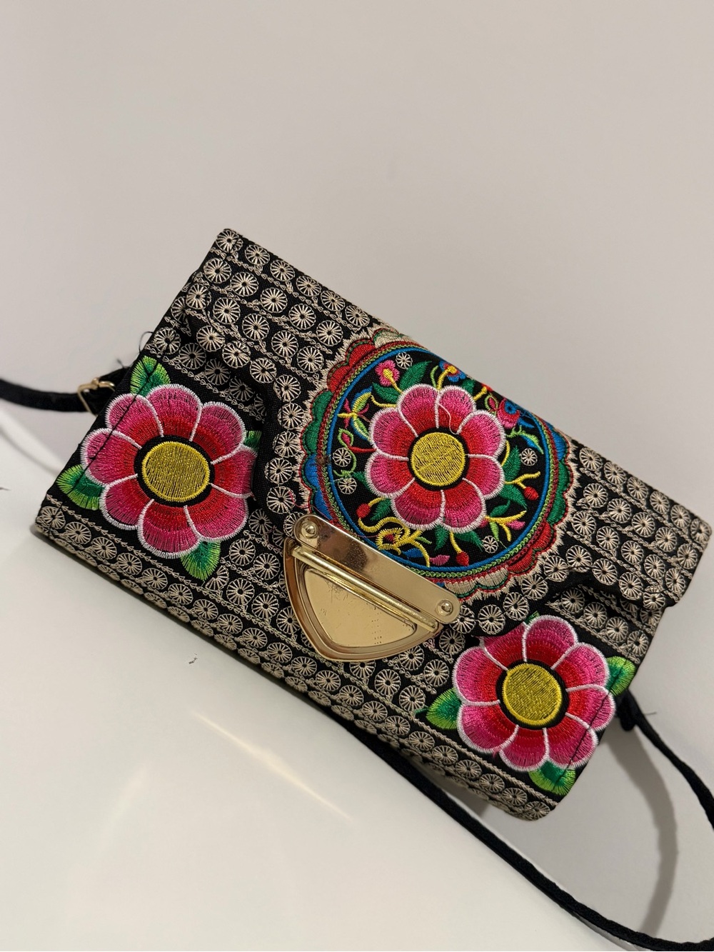 Embroidered Floral Crossbody Bag in Black and Pink